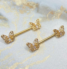 Pair of 14G Gold Butterly Ends with Clear Sparkling Stones Nipple Barbell. Nipple Rings. Nipple Piercing. Nipple Jewelry. Body Jewelry.