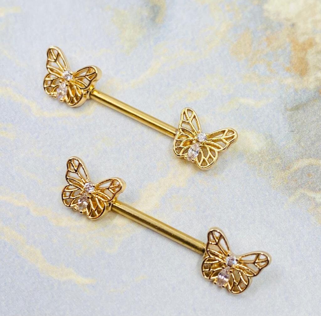 Pair of 14G Gold Butterly Ends with Clear Sparkling Stones Nipple Barbell. Nipple Rings. Nipple Piercing. Nipple Jewelry. Body Jewelry.