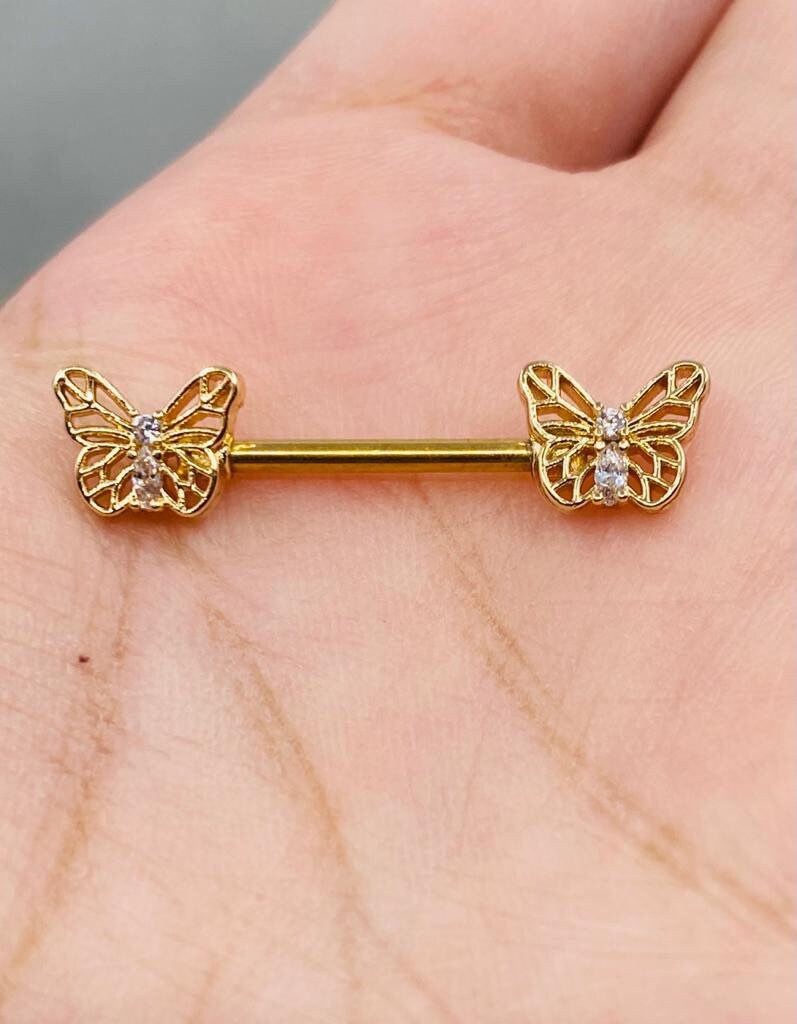 Pair of 14G Gold Butterly Ends with Clear Sparkling Stones Nipple Barbell. Nipple Rings. Nipple Piercing. Nipple Jewelry. Body Jewelry.