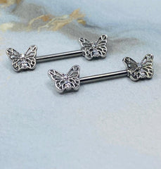 Pair of 14G Silver Butterly Ends with Clear Sparkling Stones Nipple Barbell. Nipple Rings. Nipple Piercing. Nipple Jewelry. Body Jewelry.