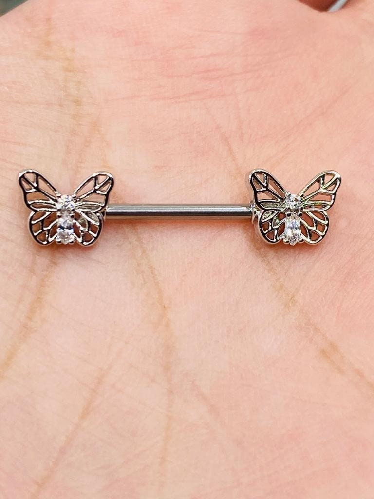 Pair of 14G Silver Butterly Ends with Clear Sparkling Stones Nipple Barbell. Nipple Rings. Nipple Piercing. Nipple Jewelry. Body Jewelry.