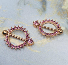 Pair of 14G Rose Gold Circle of Life Nipple Shields with Sparkling Pink Stones. Nipple Rings. Nipple Piercing. Nipple Jewelry Barbells.