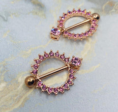 Pair of 14G Rose Gold Circle of Life Nipple Shields with Sparkling Pink Stones. Nipple Rings. Nipple Piercing. Nipple Jewelry Barbells.