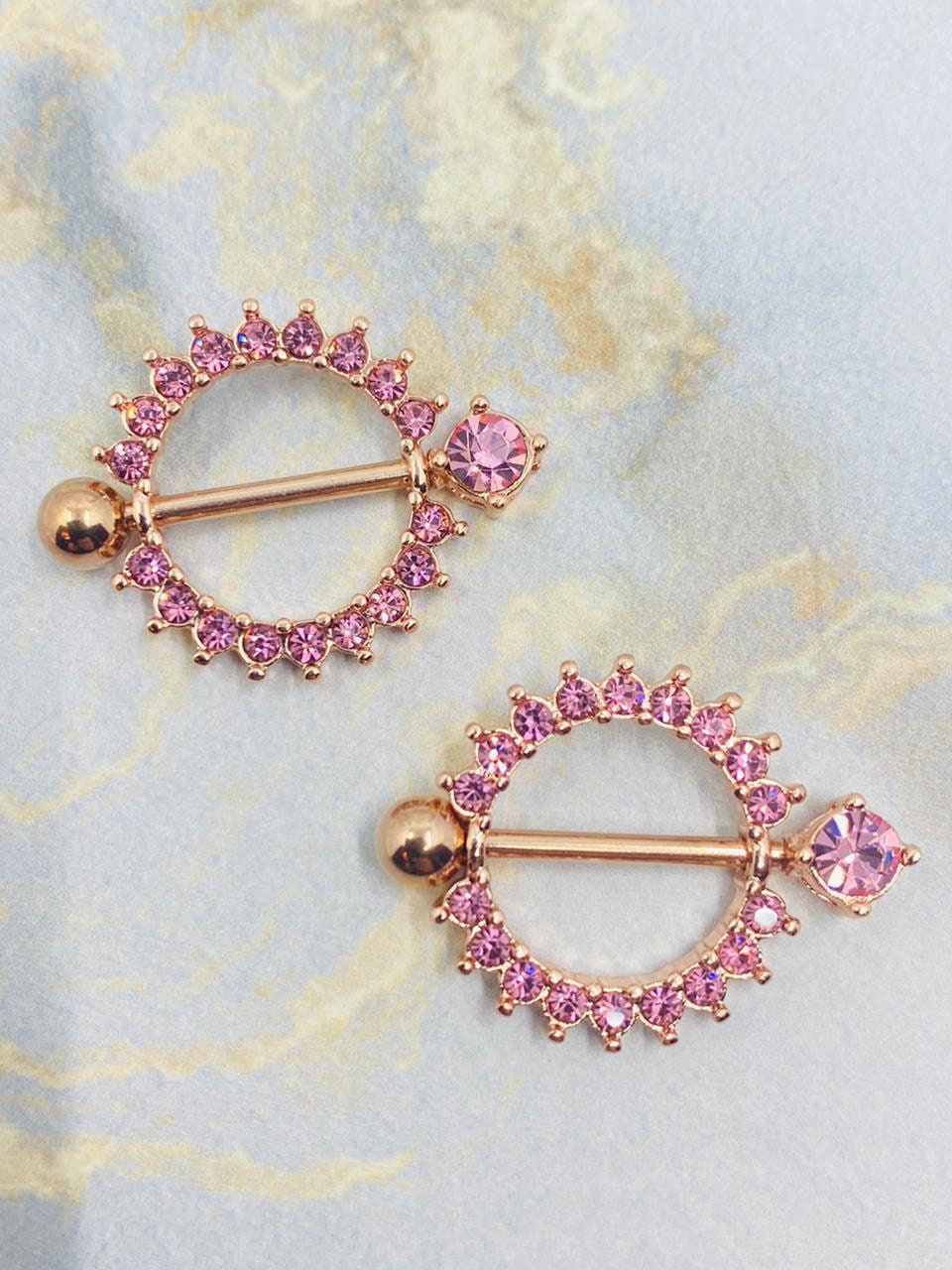 Pair of 14G Rose Gold Circle of Life Nipple Shields with Sparkling Pink Stones. Nipple Rings. Nipple Piercing. Nipple Jewelry Barbells.