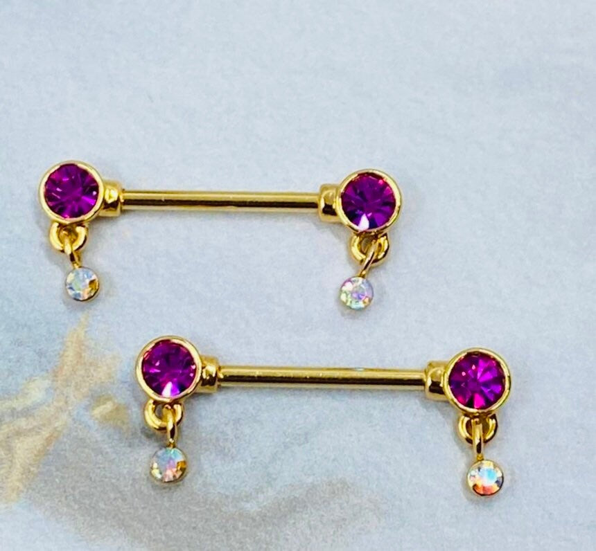 Pair of 14G Gold Bezel Setting Hot Pink Dangle Drop Stones Nipple Barbells. Nipple Rings. Nipple Piercing. Nipple Jewelry.