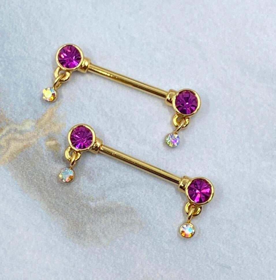 Pair of 14G Gold Bezel Setting Hot Pink Dangle Drop Stones Nipple Barbells. Nipple Rings. Nipple Piercing. Nipple Jewelry.