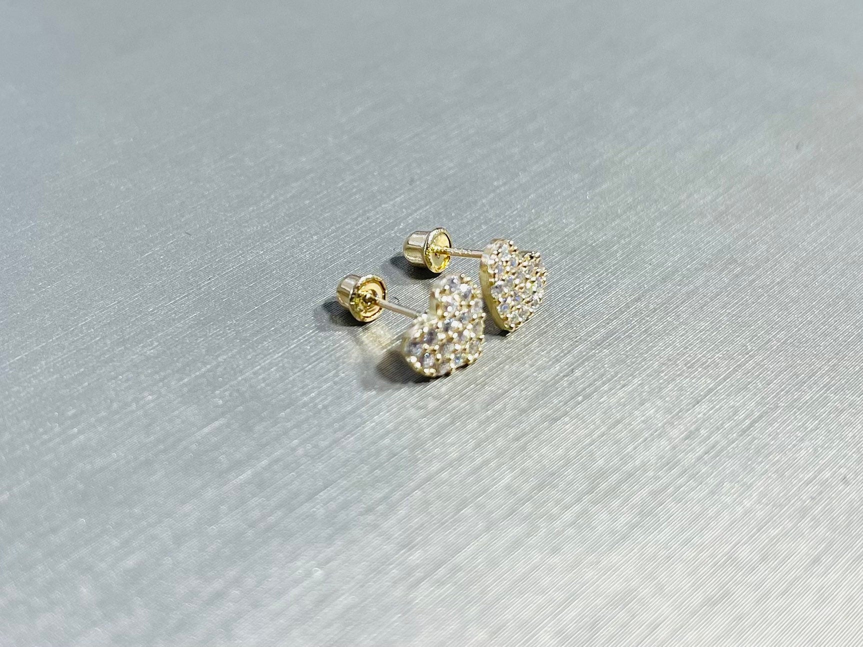 14K Solid Gold Dainty Cute Heart Shape with Sparkling CZs Screw Back Earrings. 8mm Heart. Cartilage Earrings. 14K Gold Earrings Jewelry.