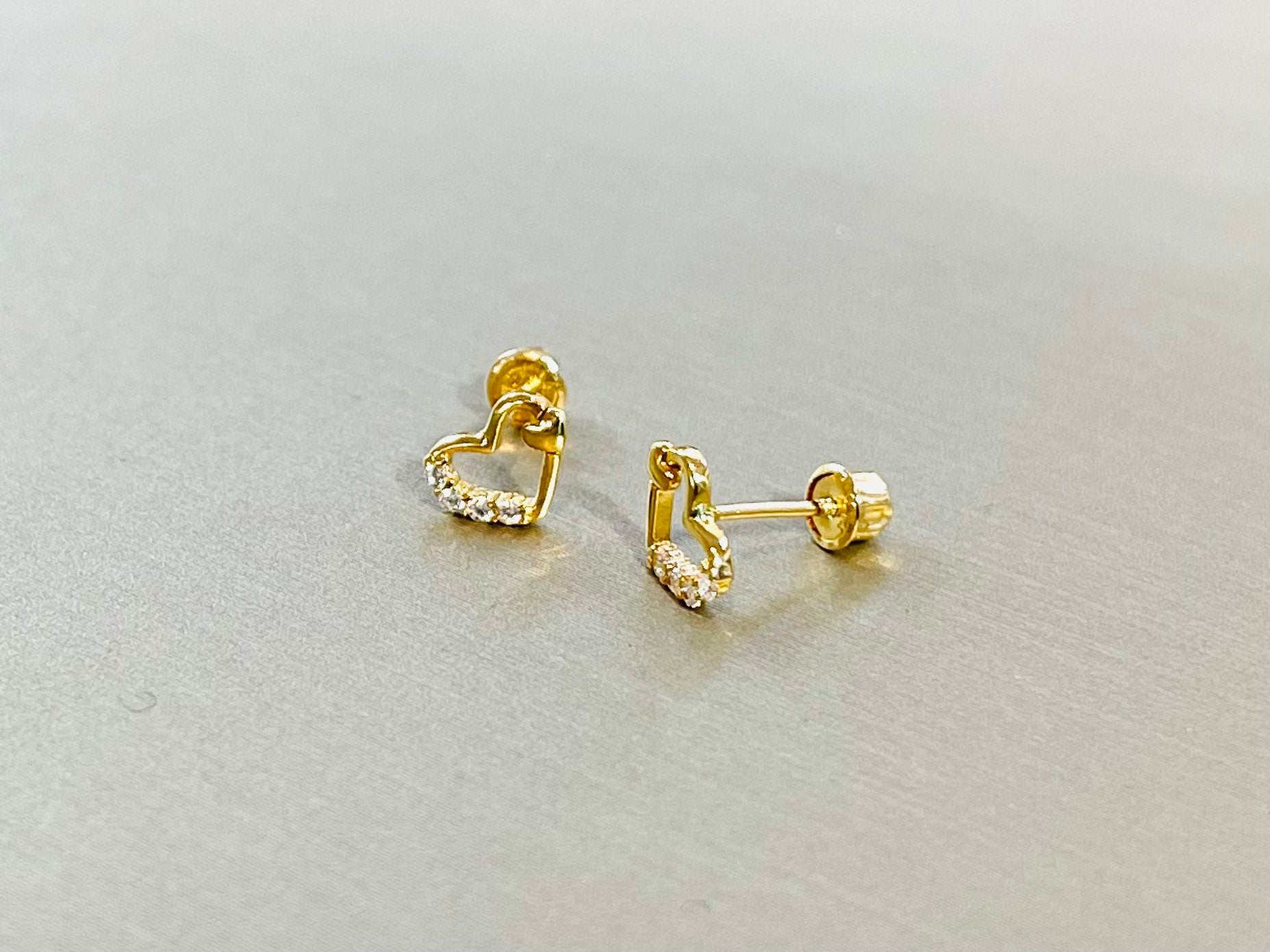 14K Gold Dainty Cute Heart in a Heart with Clear Stones Screw Back Earrings. 7mm Heart. 14K Gold Earrings. Cartilage Earrings.Body Jewelry.