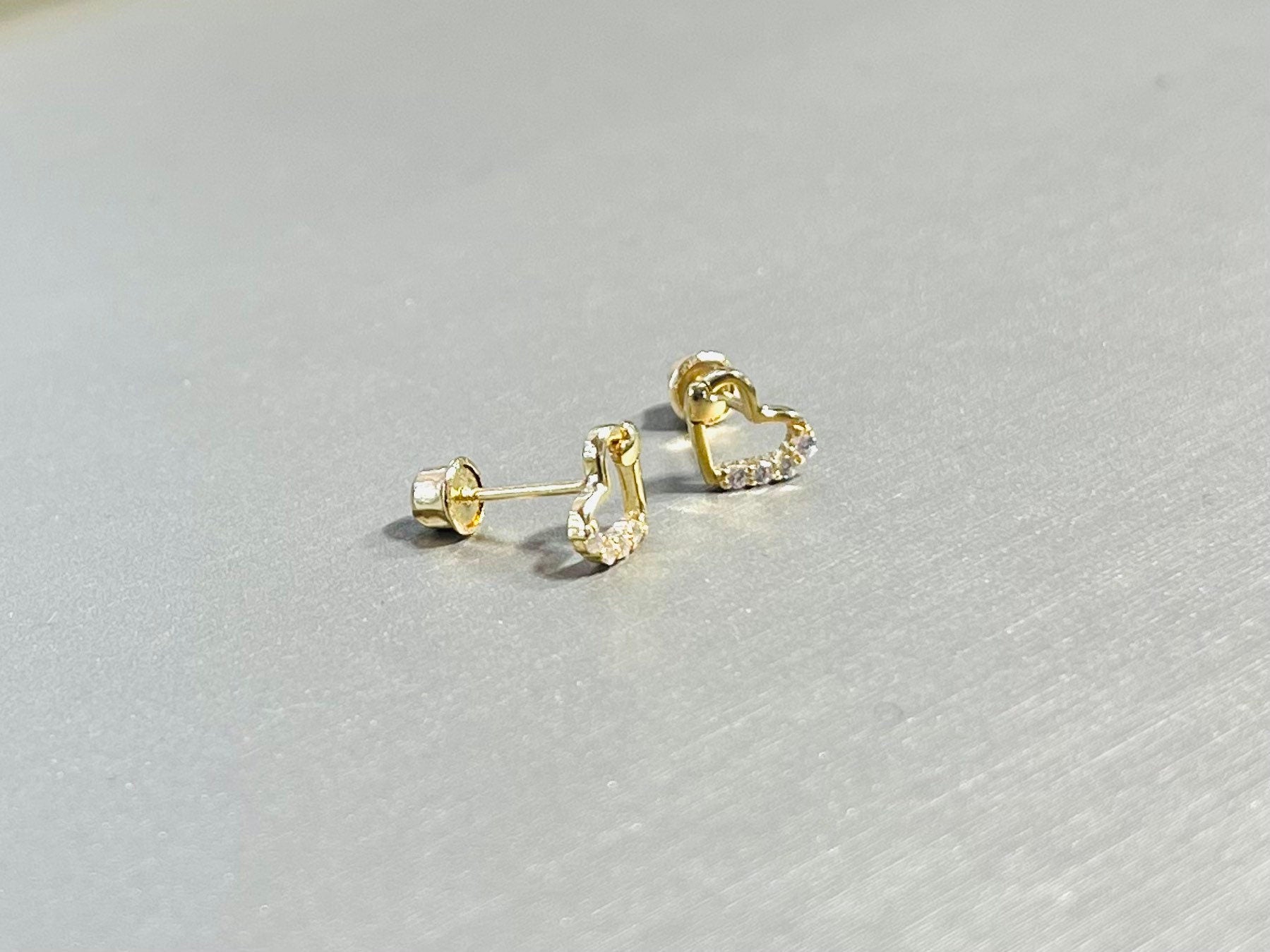 14K Gold Dainty Cute Heart in a Heart with Clear Stones Screw Back Earrings. 7mm Heart. 14K Gold Earrings. Cartilage Earrings.Body Jewelry.