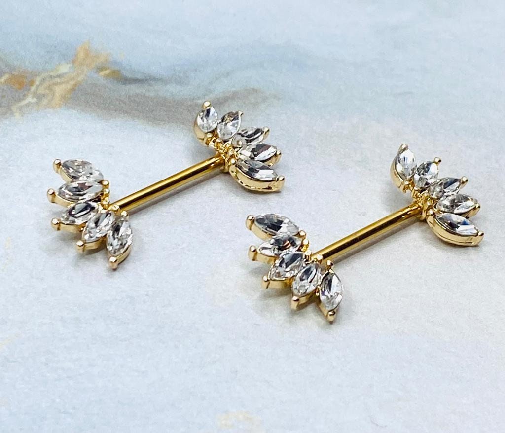 14G Gold Sparkling Marquise Crystals Ends Nipple Barbells. Nipple Rings. Nipple Piercings. Nipple Jewelry. Body Jewelry.