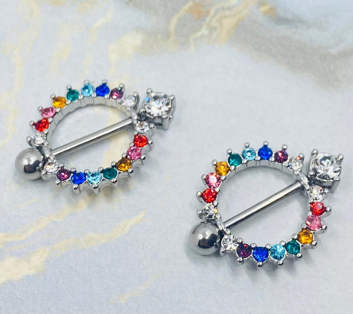 Pair of 14G Silver Circle of Life Nipple Shields with Sparkling Multicolored Stones. Nipple Rings. Nipple Piercing