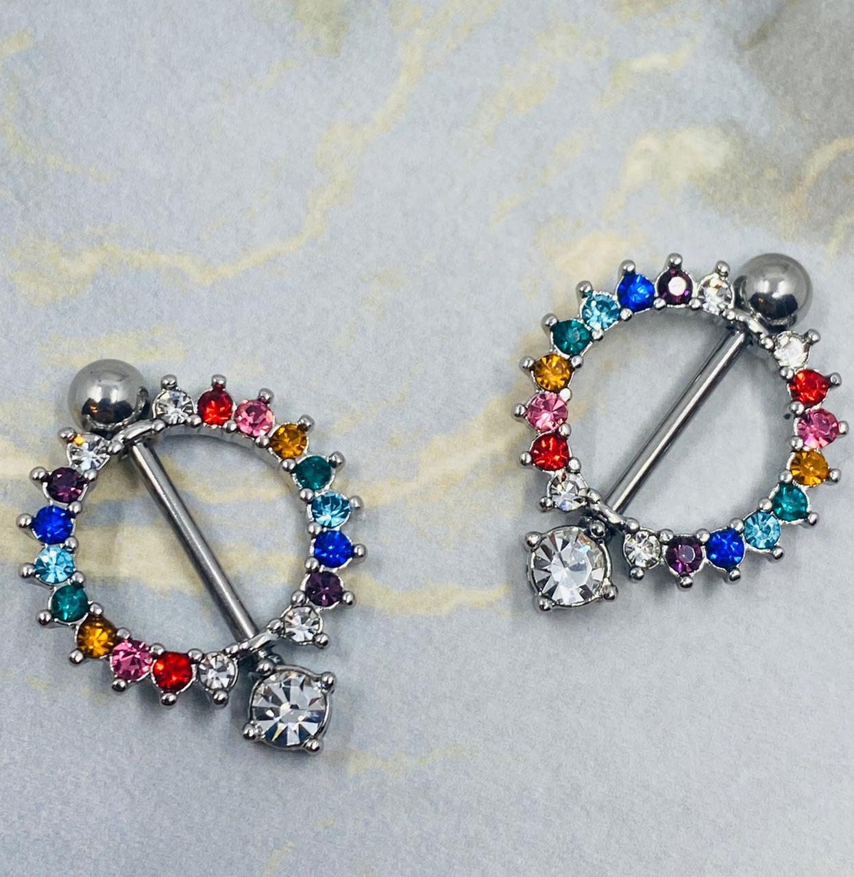 Pair of 14G Silver Circle of Life Nipple Shields with Sparkling Multicolored Stones. Nipple Rings. Nipple Piercing