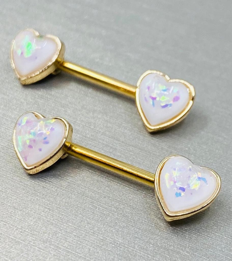 Pair of 14G Gold Opal Heart Ends Nipple Barbell. Nipple Rings. Nipple Piercing. Nipple Jewelry. Body Jewelry. Nipple Barbells.