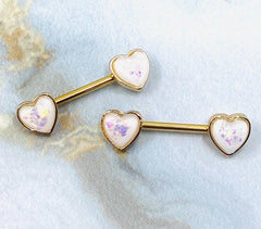 Pair of 14G Gold Opal Heart Ends Nipple Barbell. Nipple Rings. Nipple Piercing. Nipple Jewelry. Body Jewelry. Nipple Barbells.