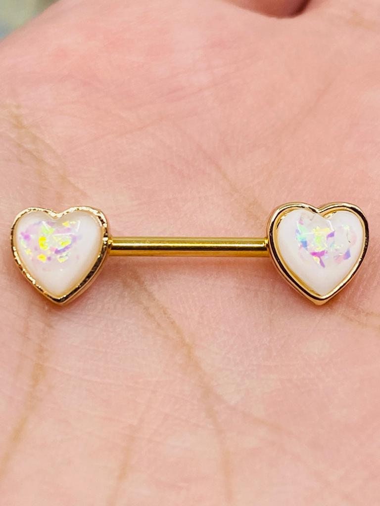 Pair of 14G Gold Opal Heart Ends Nipple Barbell. Nipple Rings. Nipple Piercing. Nipple Jewelry. Body Jewelry. Nipple Barbells.