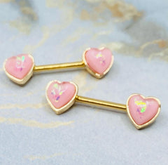 Pair of 14G Gold Pink Opal Heart Ends Nipple Barbell. Nipple Rings. Nipple Piercing. Nipple Jewelry. Body Jewelry. Nipple Barbells.