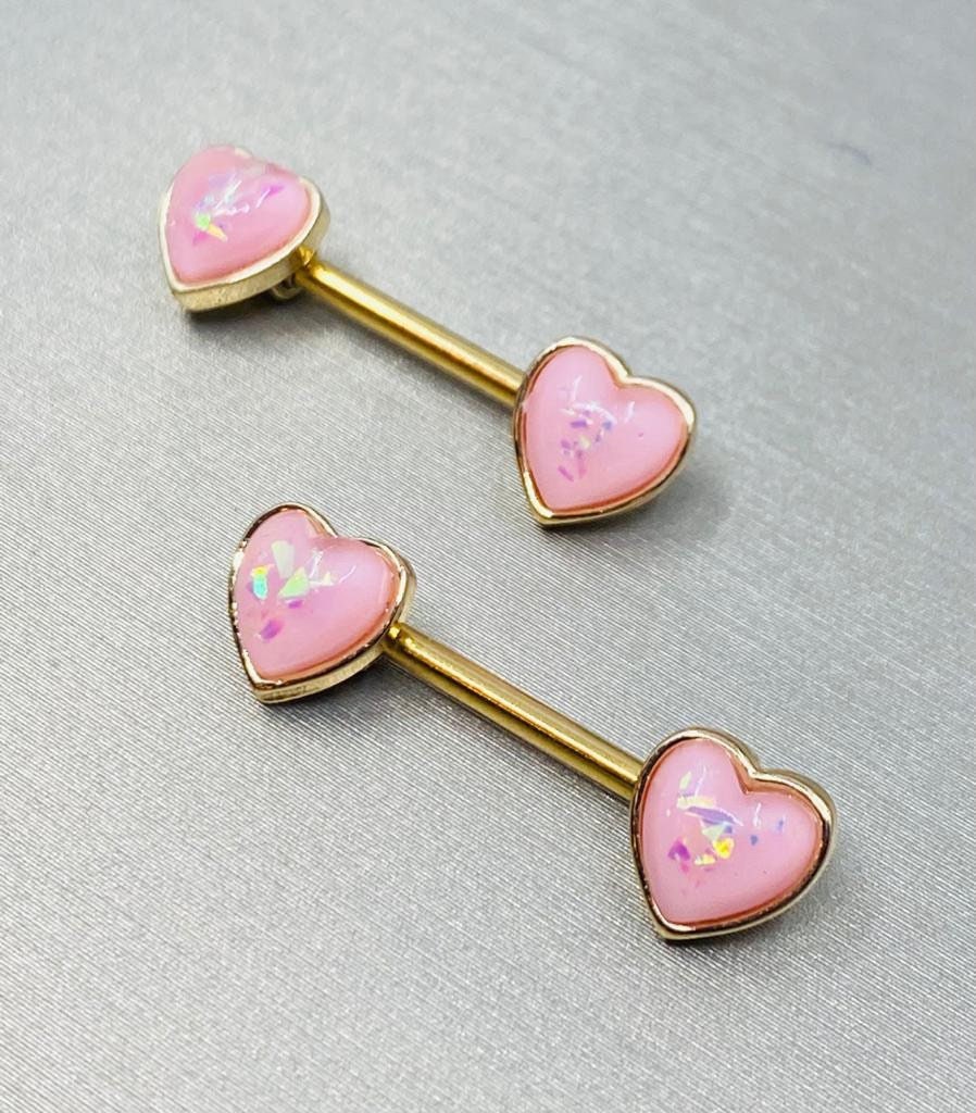 Pair of 14G Gold Pink Opal Heart Ends Nipple Barbell. Nipple Rings. Nipple Piercing. Nipple Jewelry. Body Jewelry. Nipple Barbells.