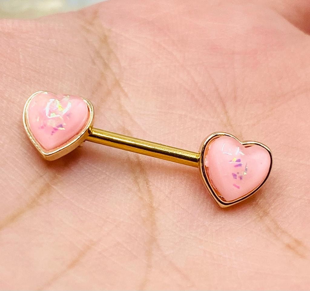 Pair of 14G Gold Pink Opal Heart Ends Nipple Barbell. Nipple Rings. Nipple Piercing. Nipple Jewelry. Body Jewelry. Nipple Barbells.