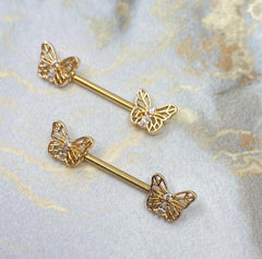 Pair of 14G Gold Butterly Ends with Clear Sparkling Stones Nipple Barbell. Nipple Rings. Nipple Piercing. Nipple Jewelry. Body Jewelry.