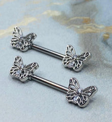 Pair of 14G Silver Butterly Ends with Clear Sparkling Stones Nipple Barbell. Nipple Rings. Nipple Piercing. Nipple Jewelry. Body Jewelry.