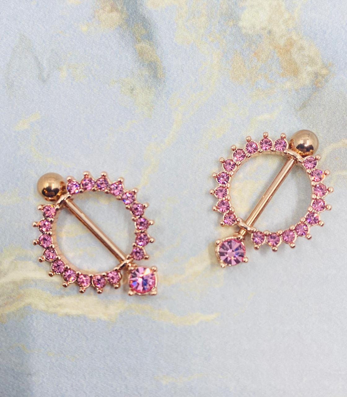 Pair of 14G Rose Gold Circle of Life Nipple Shields with Sparkling Pink Stones. Nipple Rings. Nipple Piercing. Nipple Jewelry Barbells.