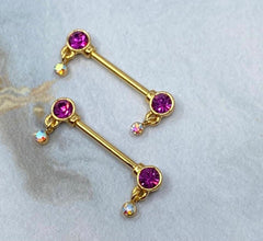 Pair of 14G Gold Bezel Setting Hot Pink Dangle Drop Stones Nipple Barbells. Nipple Rings. Nipple Piercing. Nipple Jewelry.