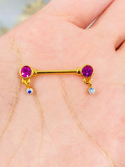 Pair of 14G Gold Bezel Setting Hot Pink Dangle Drop Stones Nipple Barbells. Nipple Rings. Nipple Piercing. Nipple Jewelry.