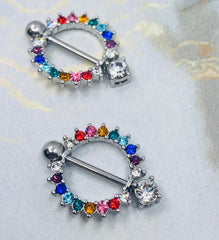 Pair of 14G Silver Circle of Life Nipple Shields with Sparkling Multicolored Stones. Nipple Rings. Nipple Piercing