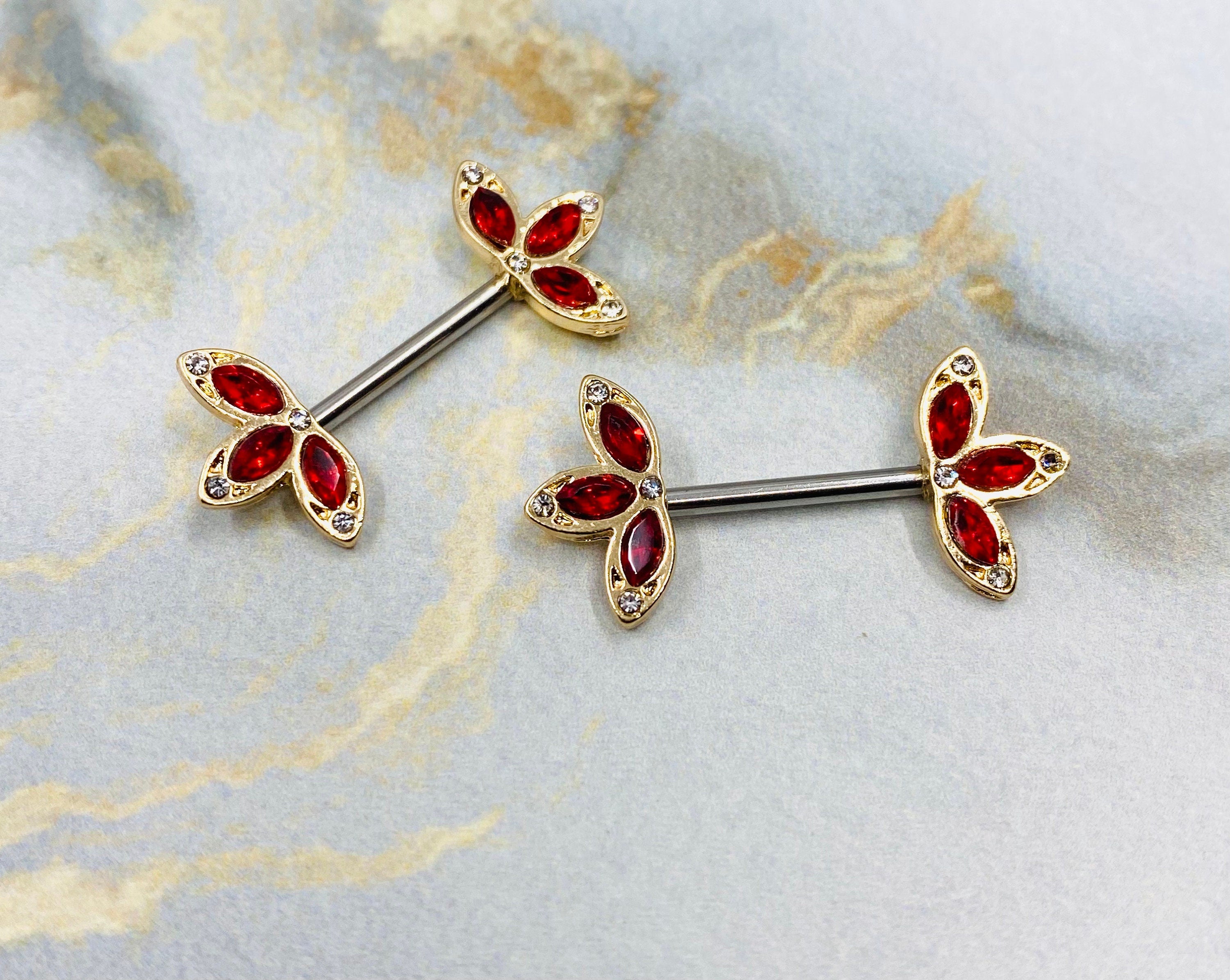 14G Clear Stone Gold Three Petals Flower Nipple Barbell. Nipple Piercings. Nipple Rings. Nipple Jewelry.