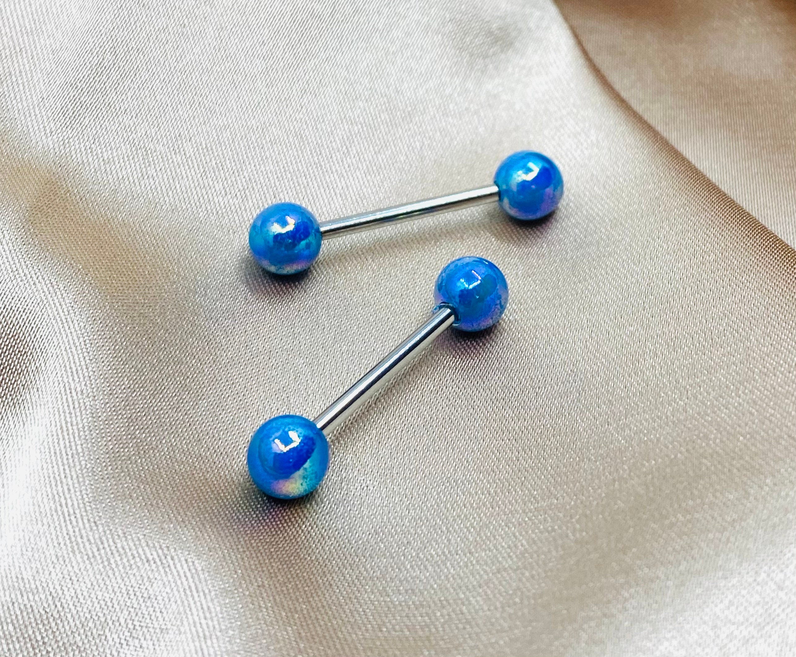 Pair of 14G Metallic Coated Shiny Blue Ball Ends Nipple Barbells. Nipple Piercing. Nipple Rings. Nipple Jewelry.