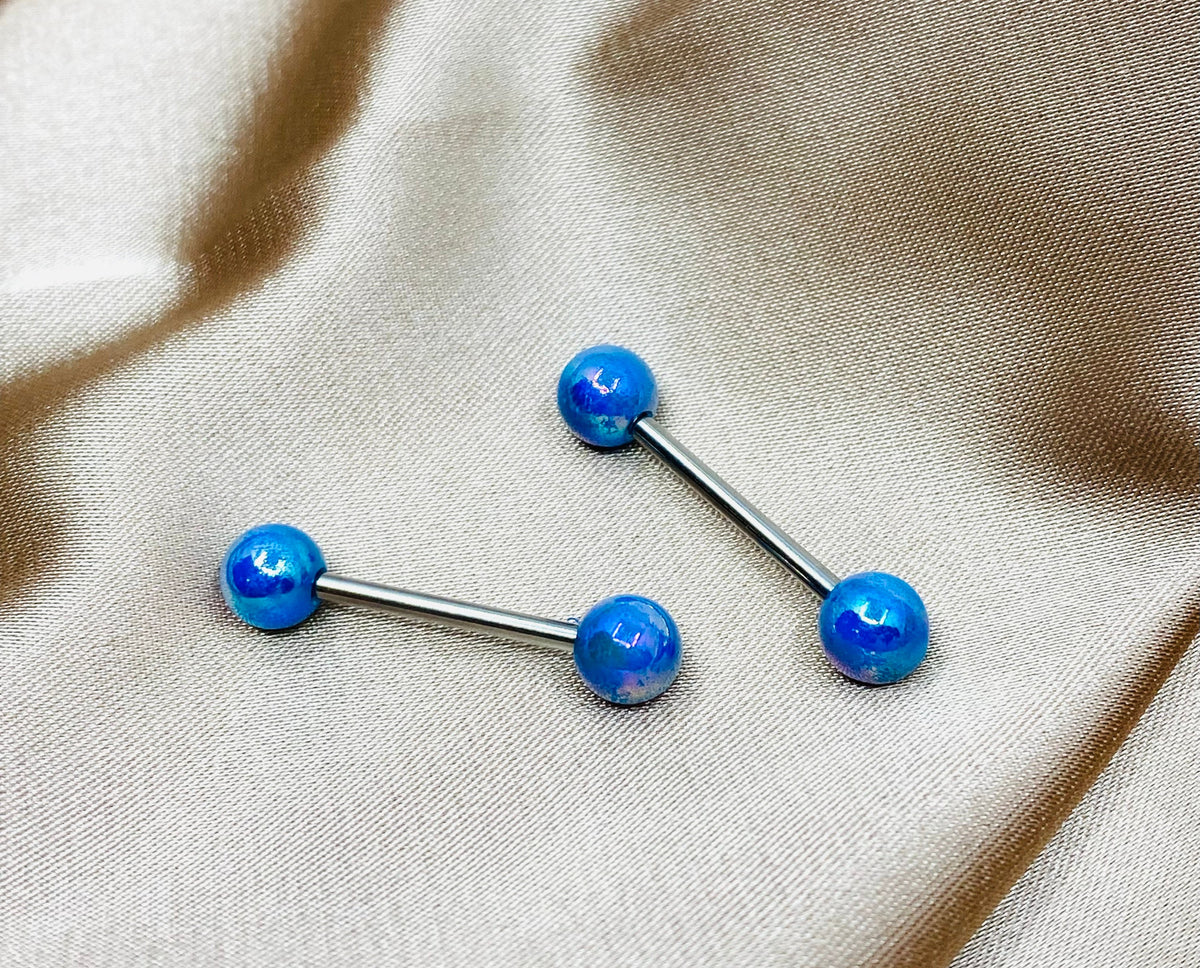 Pair of 14G Metallic Coated Shiny Blue Ball Ends Nipple Barbells. Nipple Piercing. Nipple Rings. Nipple Jewelry.