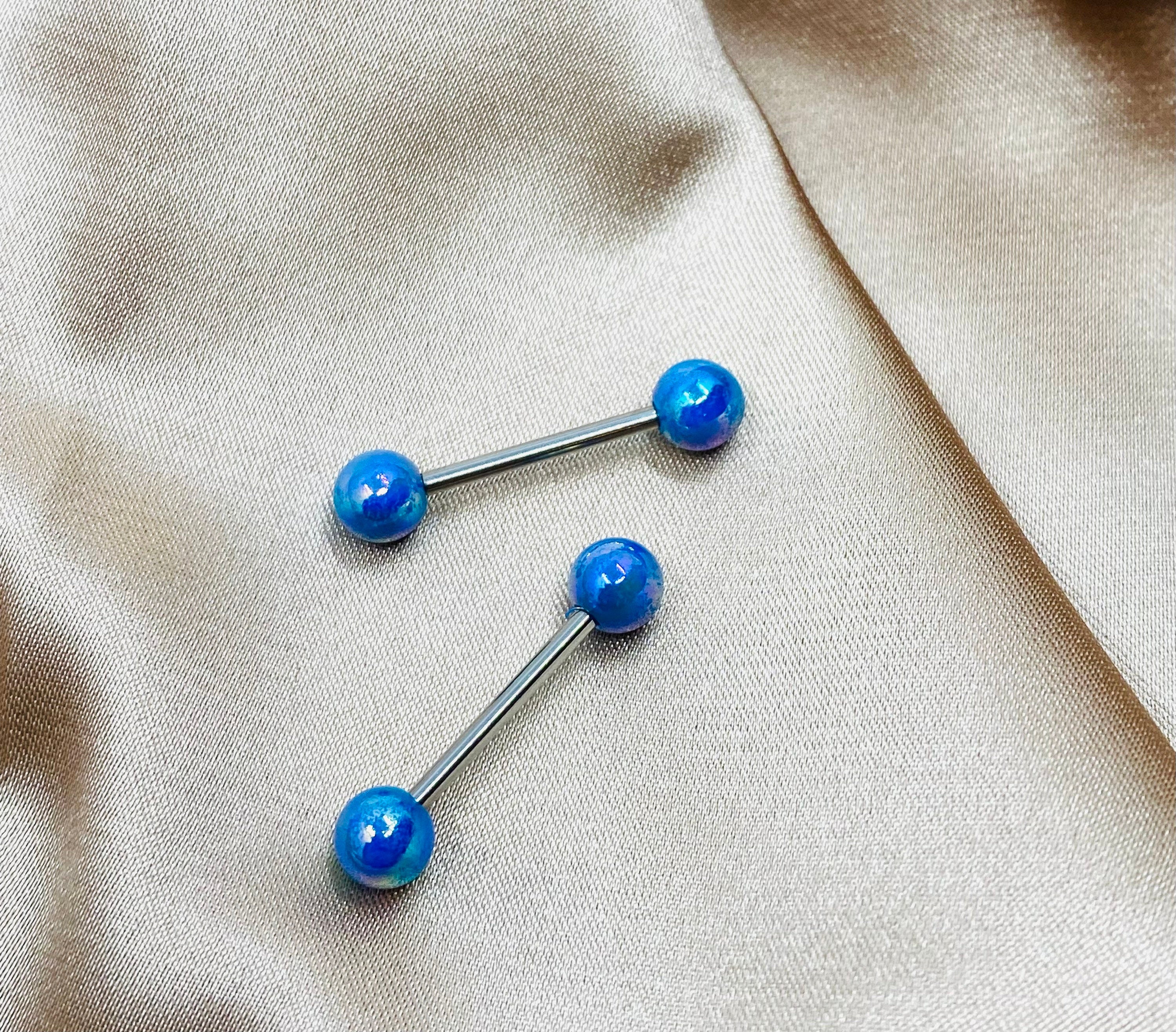 Pair of 14G Metallic Coated Shiny Blue Ball Ends Nipple Barbells. Nipple Piercing. Nipple Rings. Nipple Jewelry.