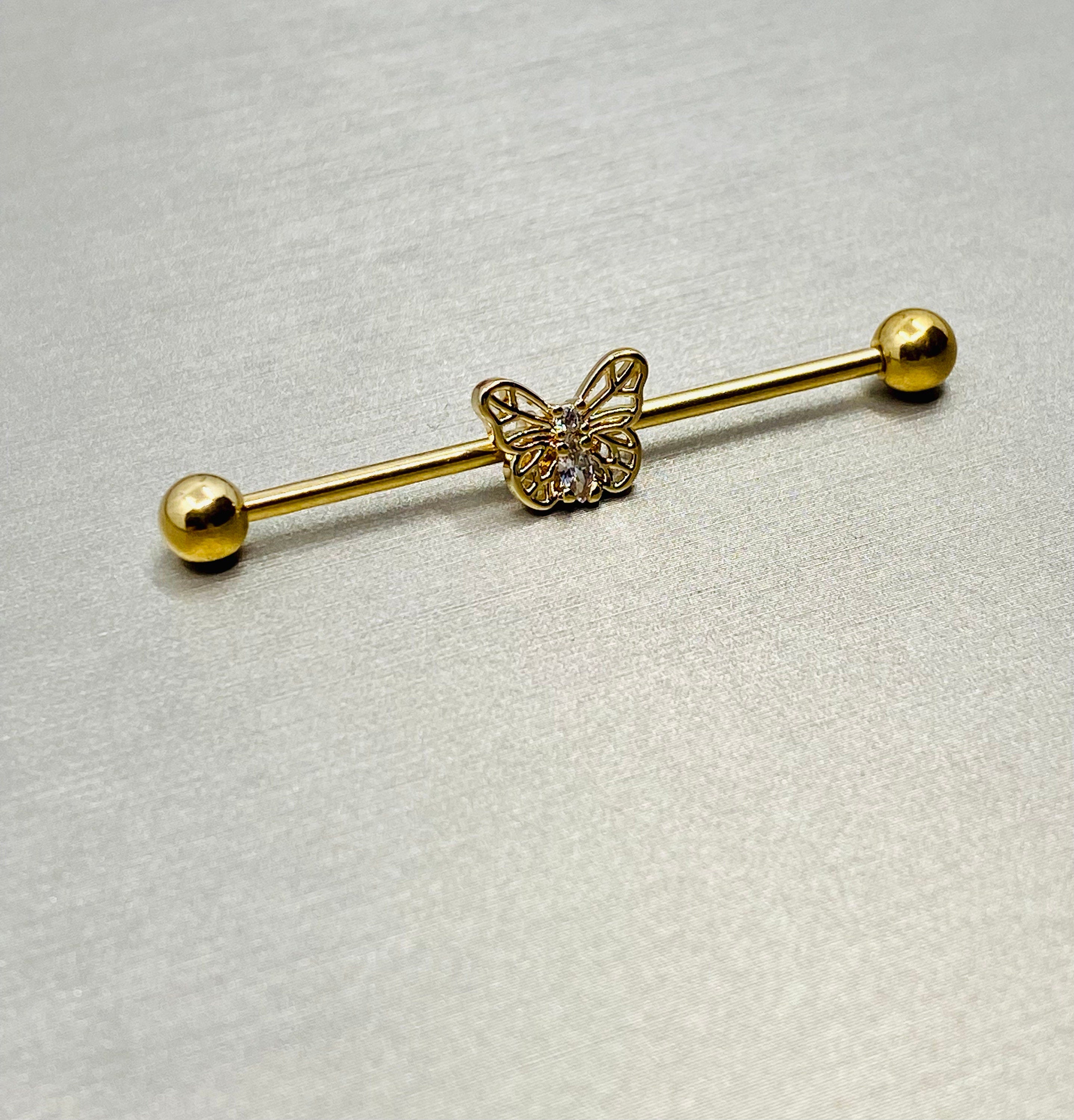 Butterfly with center CZ stone Industrial  barbell