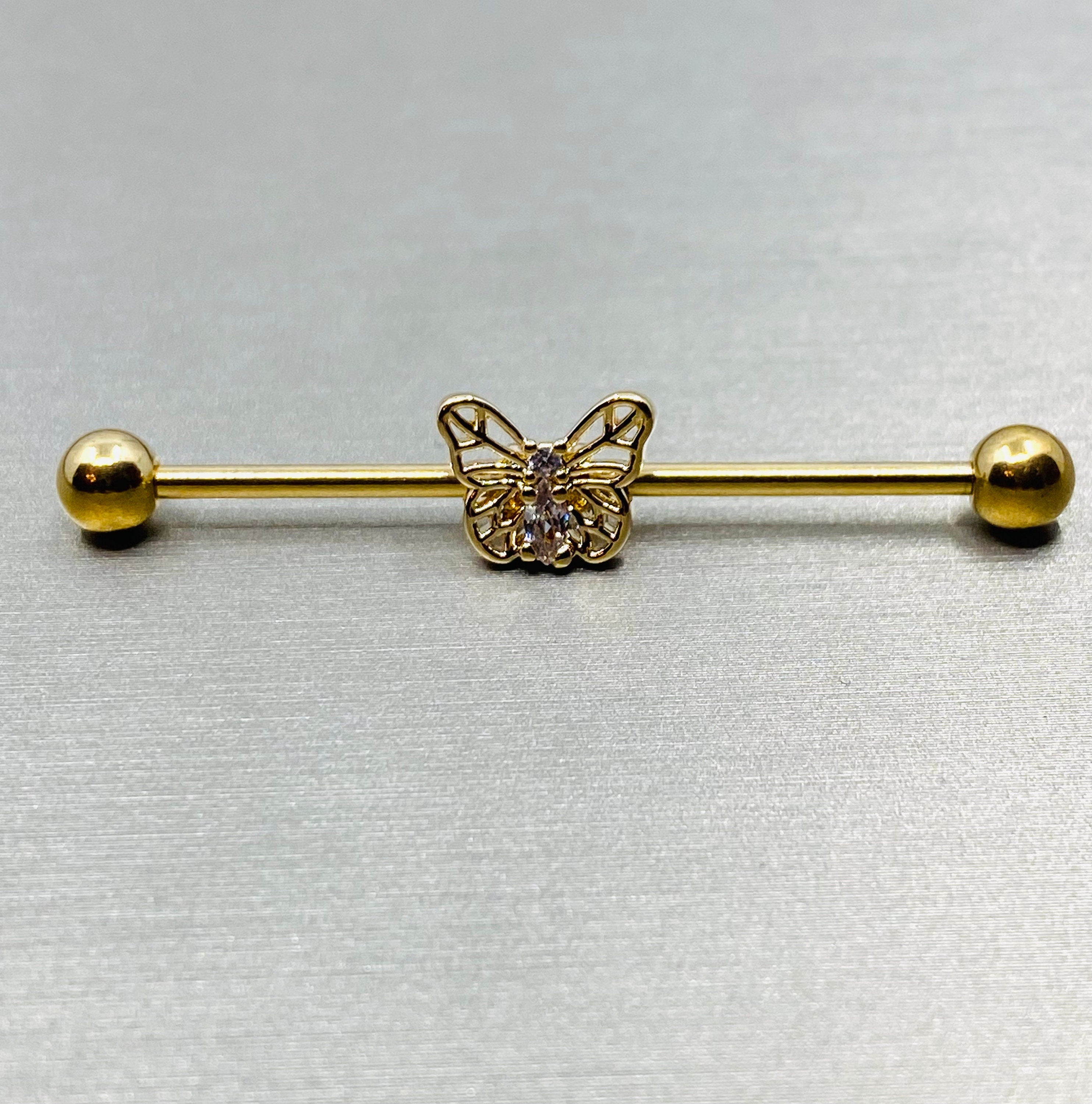 Butterfly with center CZ stone Industrial  barbell