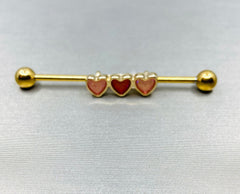 14G Tri Heart Red and Pink glitter Industrial Barbell