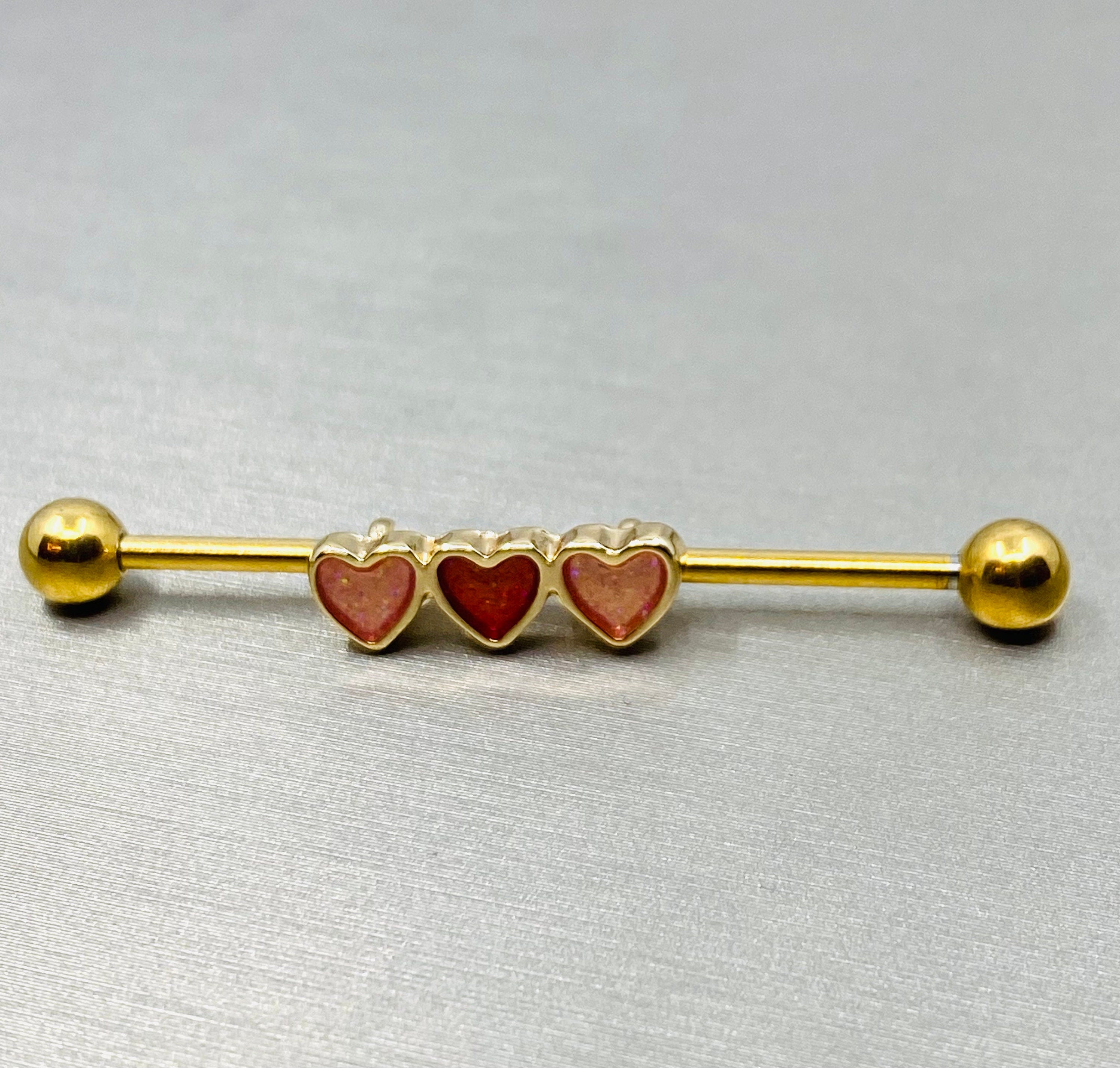 14G Tri Heart Red and Pink glitter Industrial Barbell