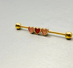 14G Tri Heart Red and Pink glitter Industrial Barbell