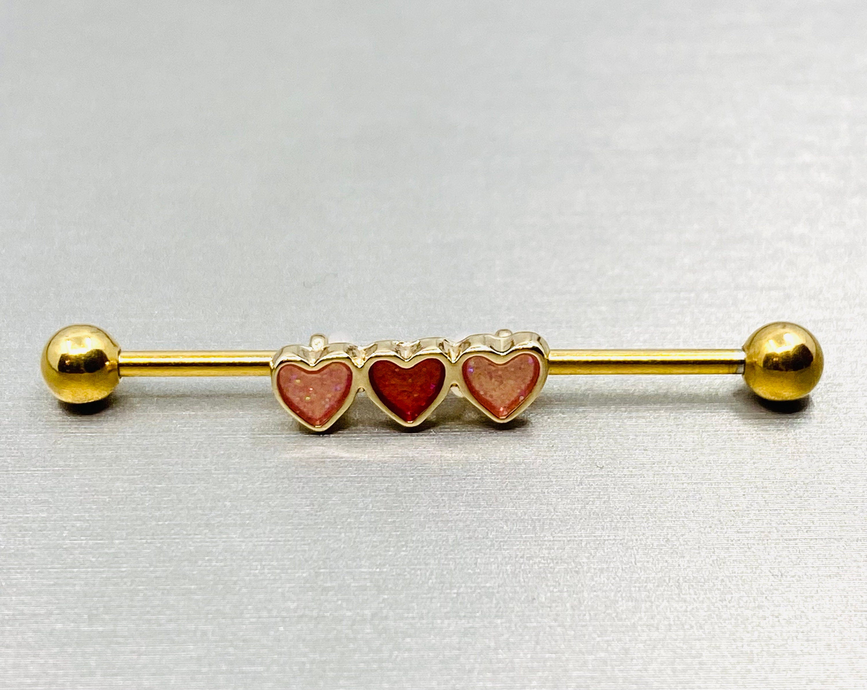 14G Tri Heart Red and Pink glitter Industrial Barbell