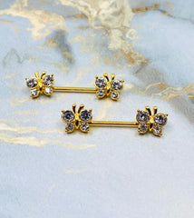 14G Gold Butterfly with Clear Cubic Zircon Nipple Barbells. Nipple Rings. Nipple Piercing. Body Jewelry.