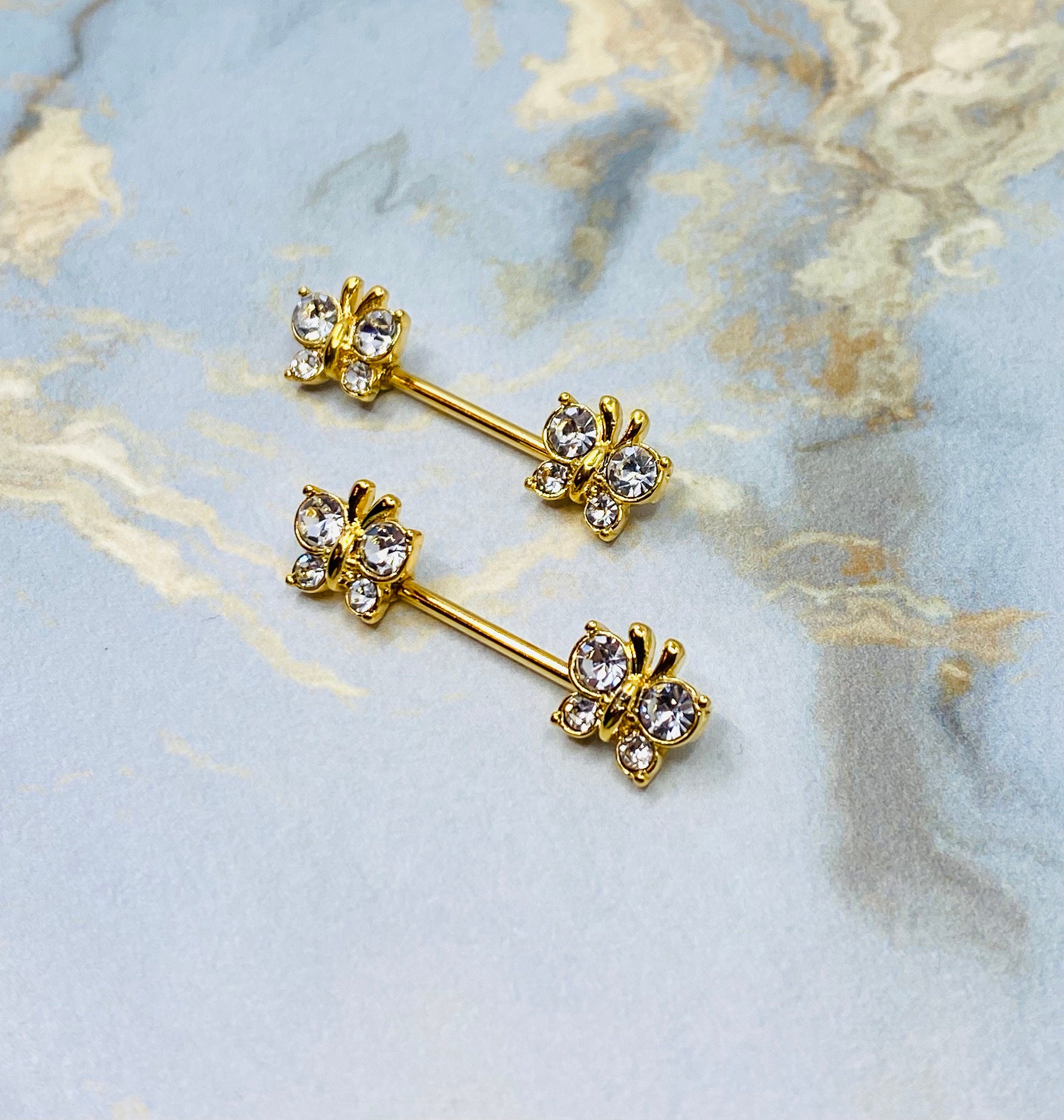 14G Gold Butterfly with Clear Cubic Zircon Nipple Barbells. Nipple Rings. Nipple Piercing. Body Jewelry.