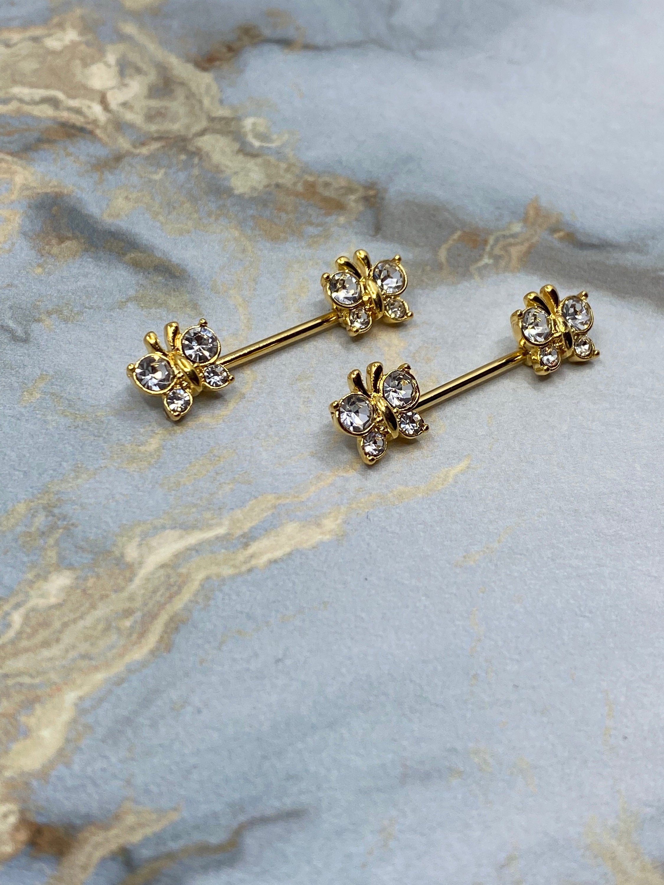 14G Gold Butterfly with Clear Cubic Zircon Nipple Barbells. Nipple Rings. Nipple Piercing. Body Jewelry.