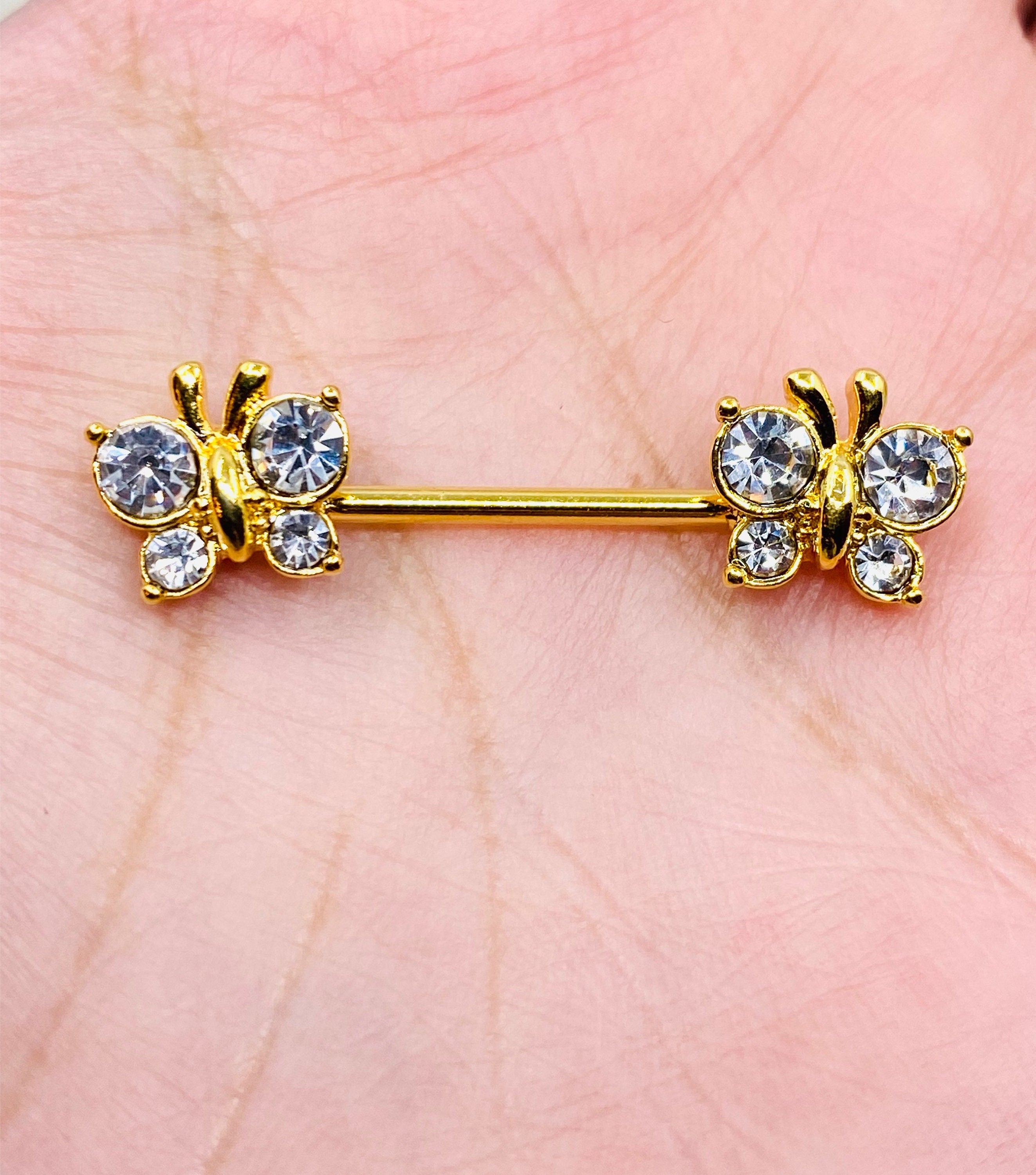 14G Gold Butterfly with Clear Cubic Zircon Nipple Barbells. Nipple Rings. Nipple Piercing. Body Jewelry.