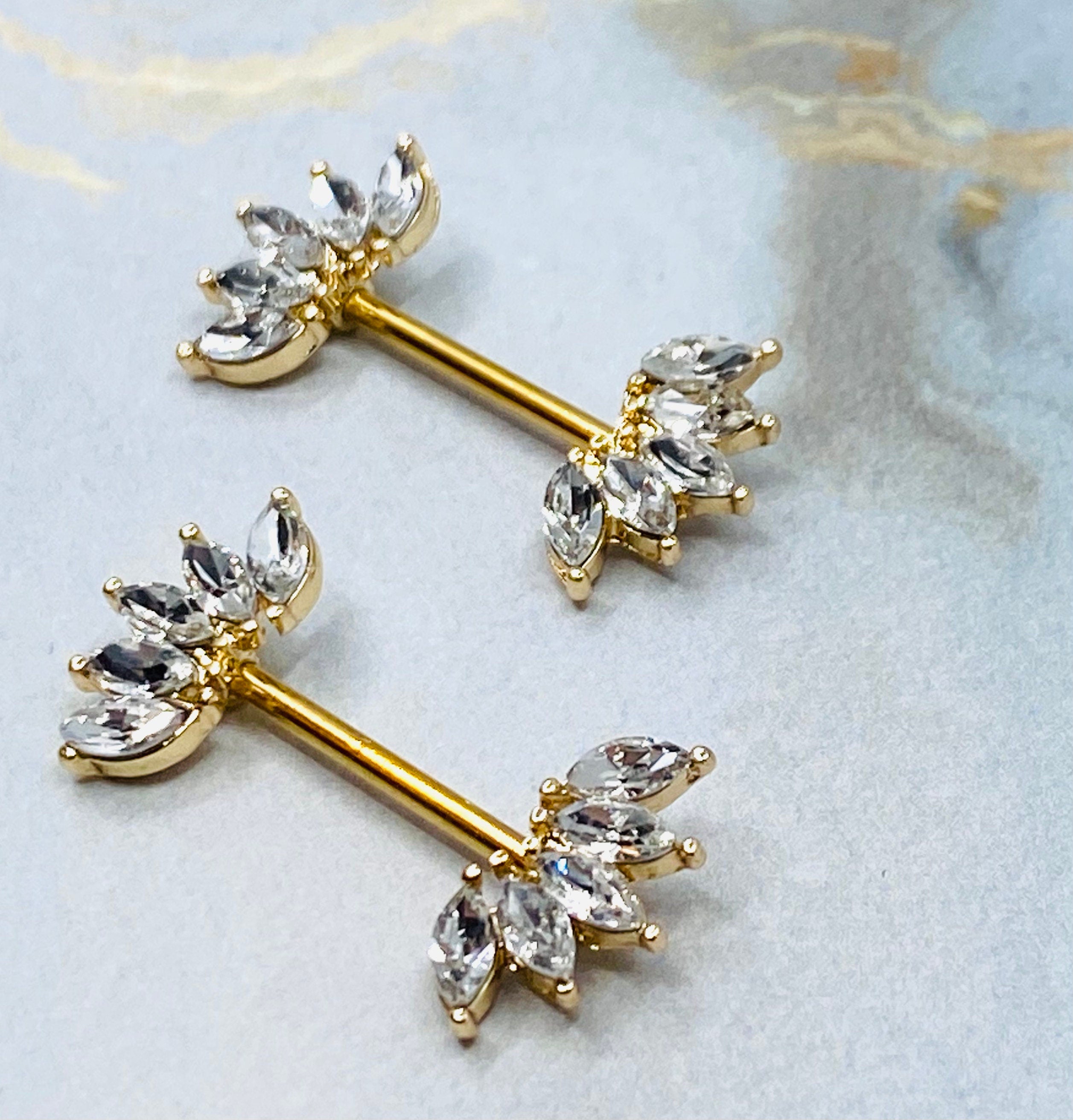 14G Gold Sparkling Marquise Crystals Ends Nipple Barbells. Nipple Rings. Nipple Piercings. Nipple Jewelry.