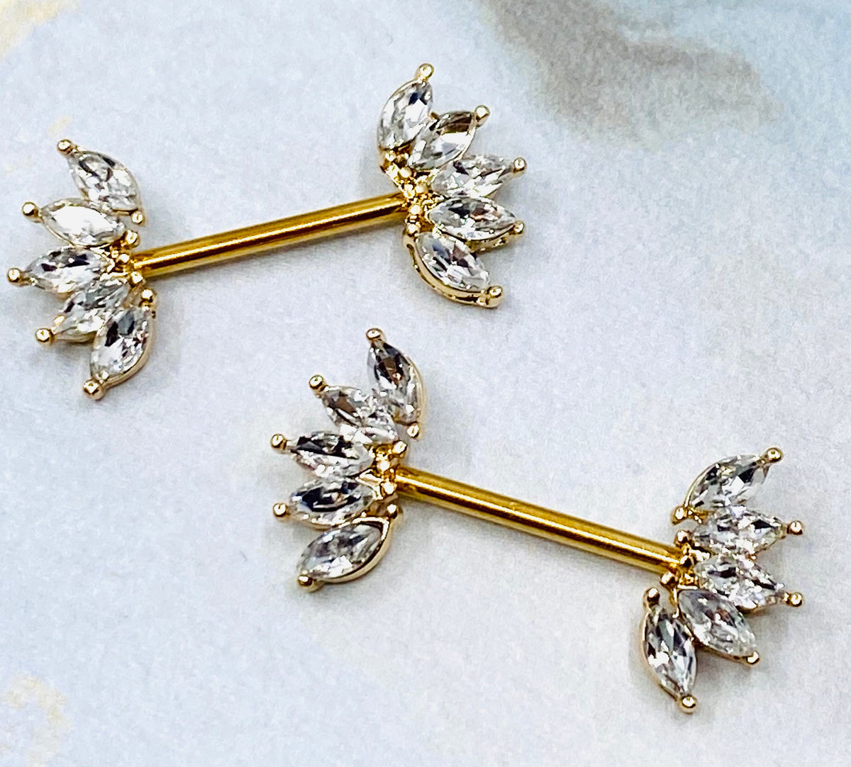 14G Gold Sparkling Marquise Crystals Ends Nipple Barbells. Nipple Rings. Nipple Piercings. Nipple Jewelry.