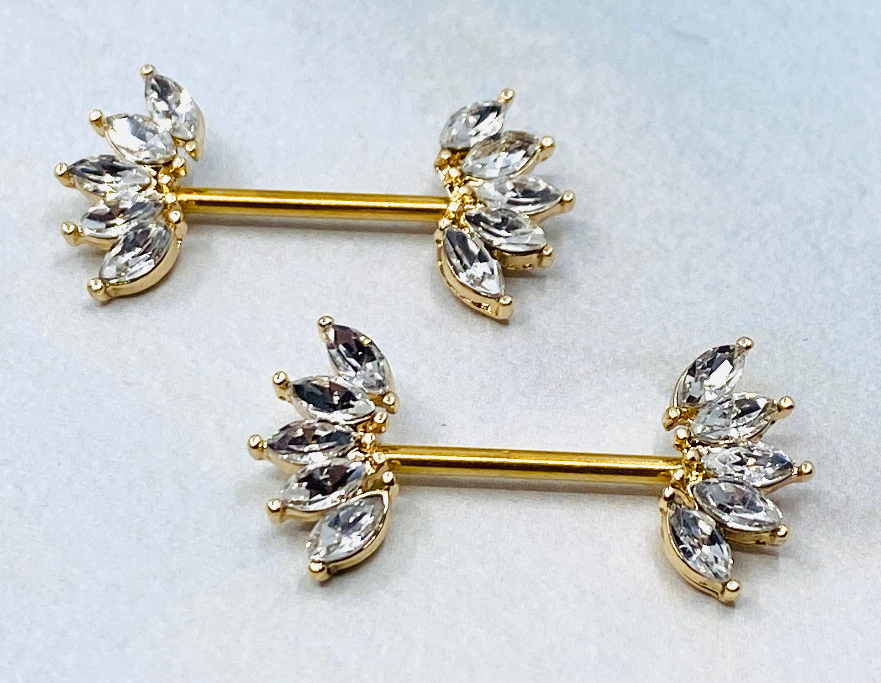 14G Gold Sparkling Marquise Crystals Ends Nipple Barbells. Nipple Rings. Nipple Piercings. Nipple Jewelry.