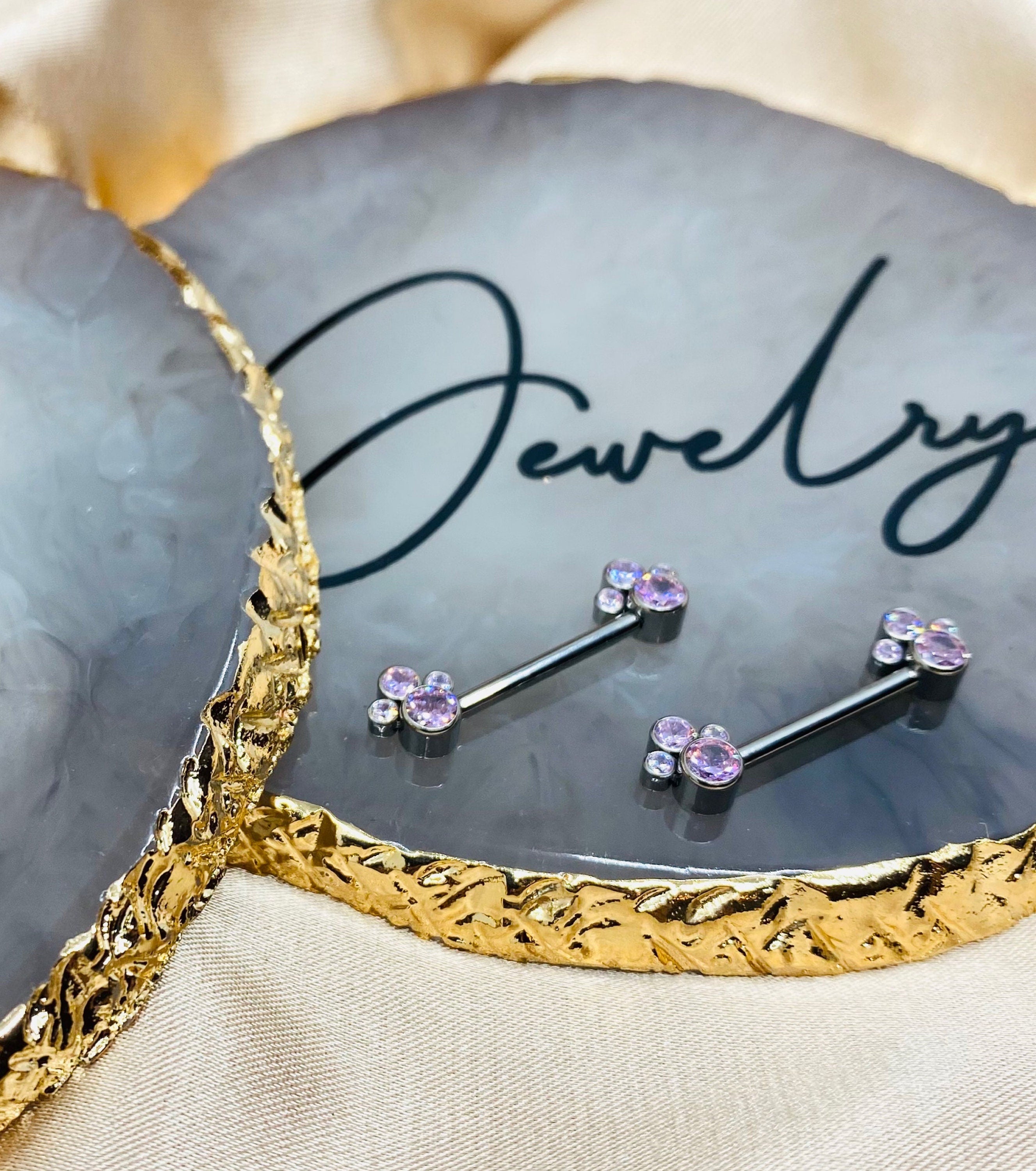 Pair of 14G Implant Grade Titanium Internally Threaded Pink Gem Paws Nipple Barbell. Nipple Barbell. Nipple Jewelry