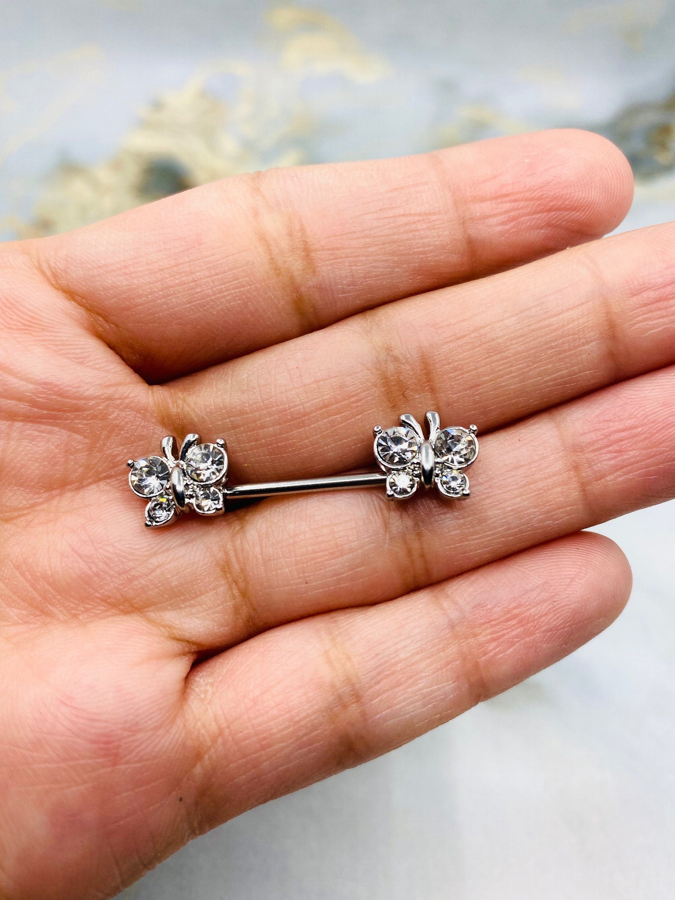 14G Silver Butterfly with Clear Cubic Zircon Nipple Barbells. Nipple Rings. Nipple Piercing. Body Jewelry.