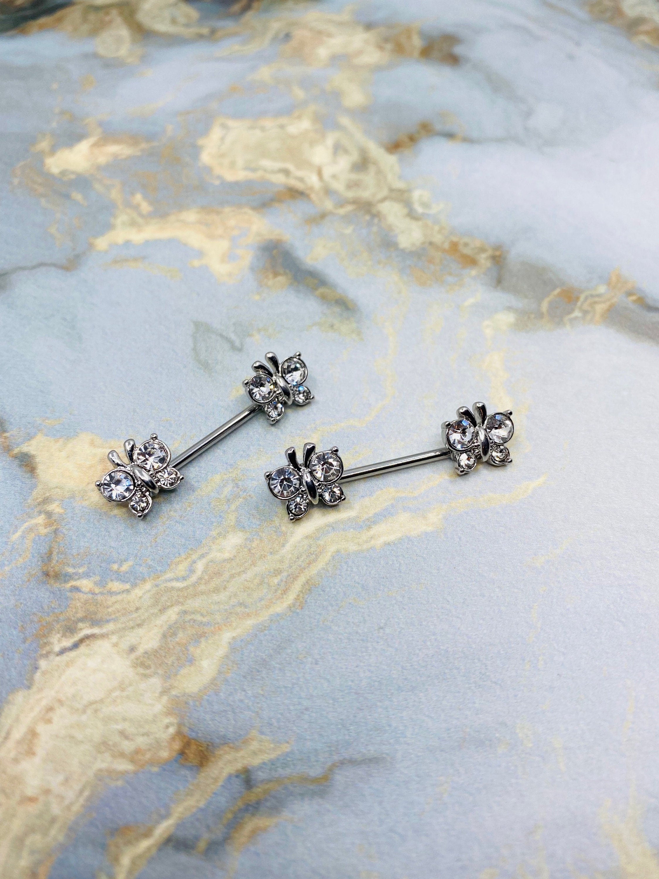 14G Silver Butterfly with Clear Cubic Zircon Nipple Barbells. Nipple Rings. Nipple Piercing. Body Jewelry.