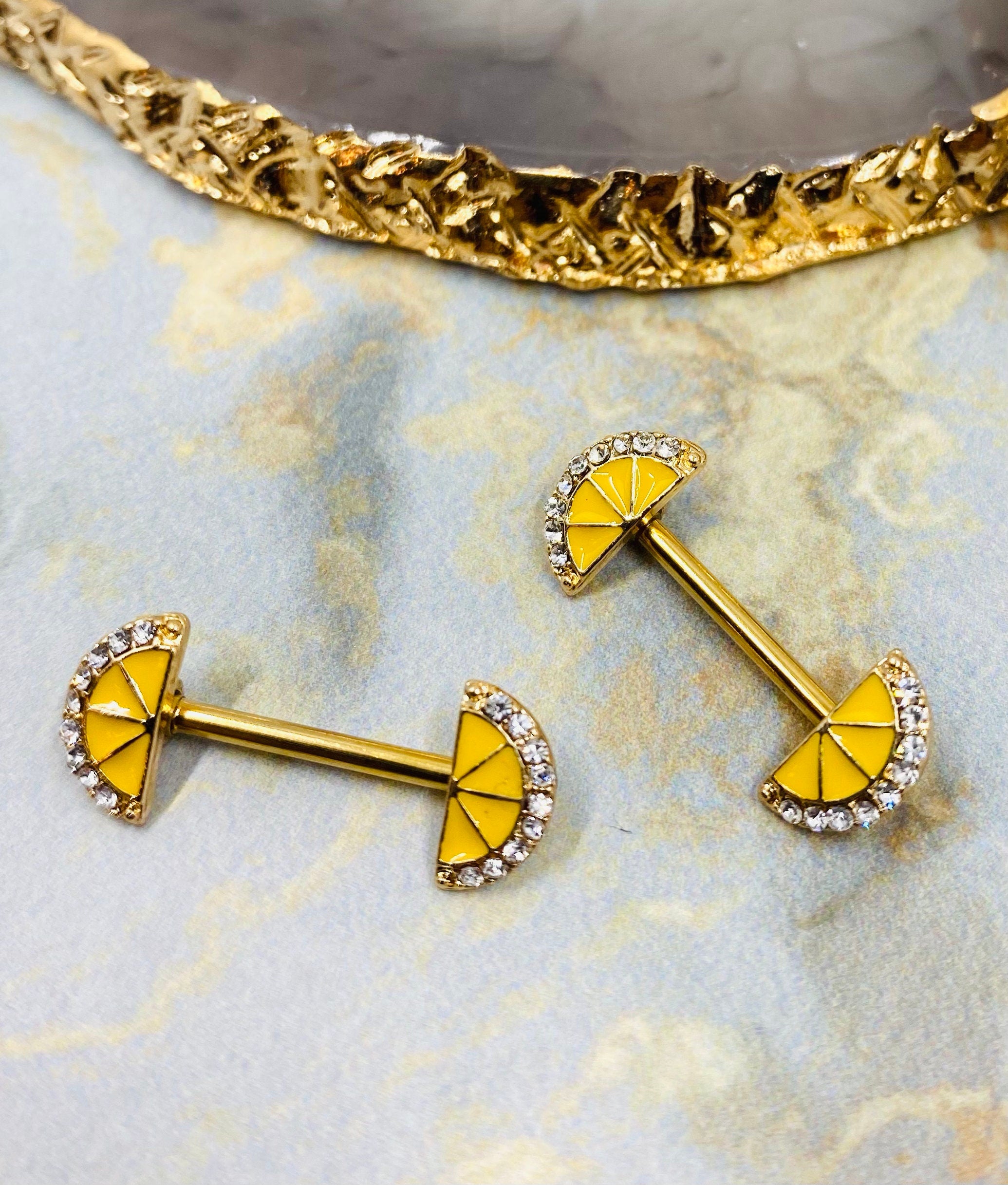 14G Gold Lemon Slice Ends Nipple Barbells. Nipple Piercing. Nipple Jewelry.