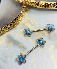 14G Silver Flower with Blue Glitter Opal in Center Nipple Barbells. Nipple Piercing. Nipple Jewelry.